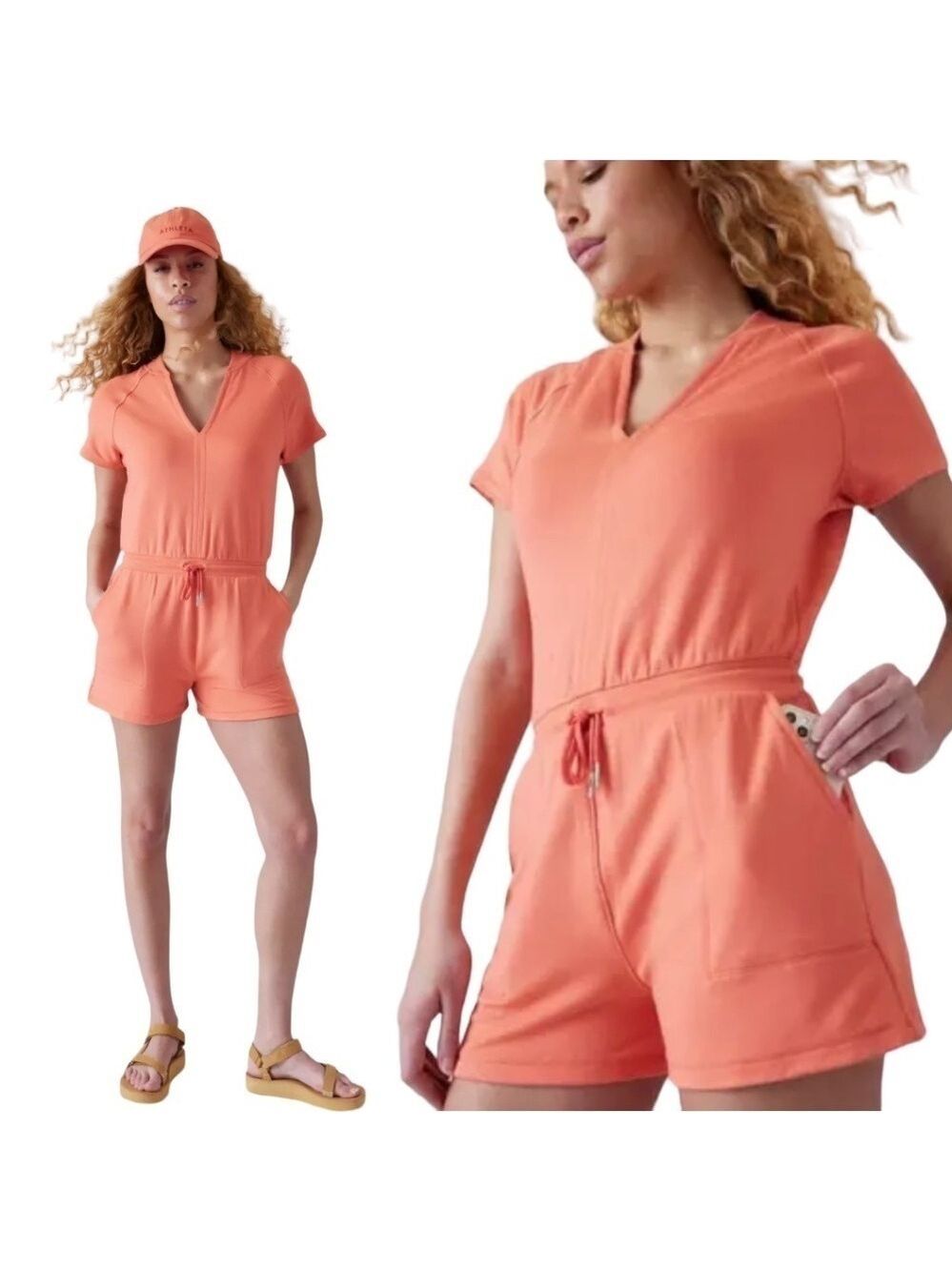ATHLETA Balance Romper Soft Tencel Persimmon w/ Pockets Drawstring Waist Sz XS